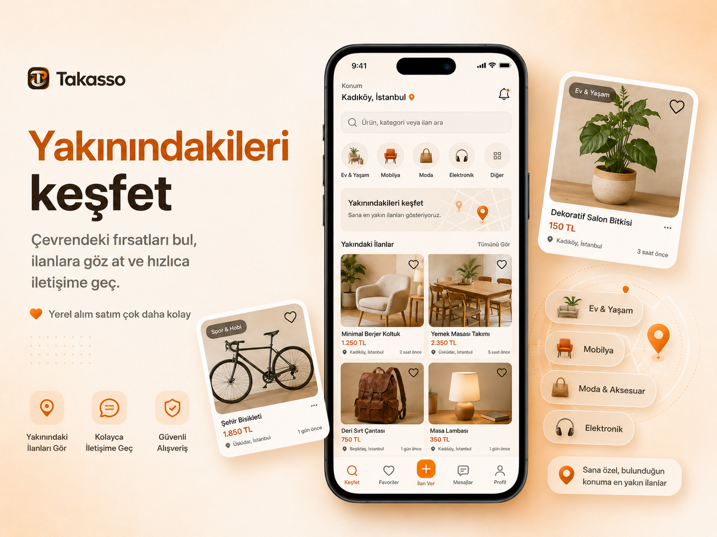 Takasso yerel ilan keşfetme ekranı
